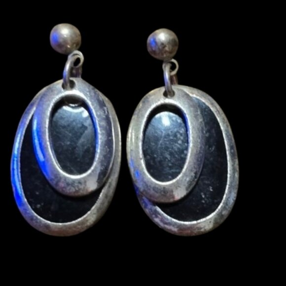 Jewelry - Recovered black onyx like and silver tone dangle pierced earrings.  20